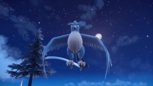 A majestic, indigo Articuno soaring through the night sky.