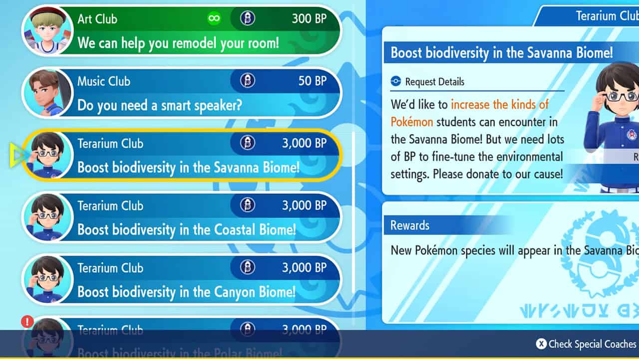 Boost biodiversity in the Savanna Biome option in Pokemon Indigo Disk.