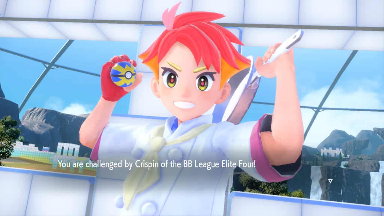 Pokemon Indigo Disk Crispin: Crispin holding a Quick Ball at the beginning of a battle with him.