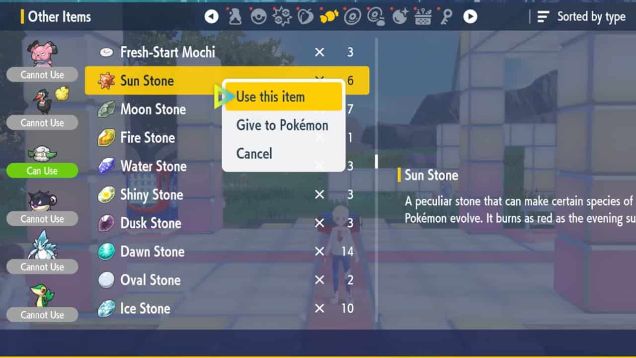 Selecting the Sun Stone item in the inventory in Pokemon Indigo Disk