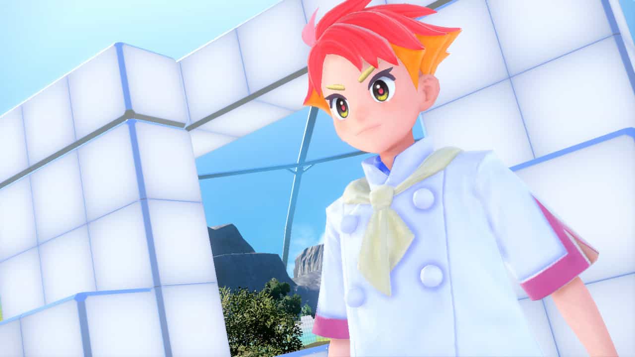 A cartoon character is standing in front of a building, while a Pokemon Indigo Disk appears to be in their hand.