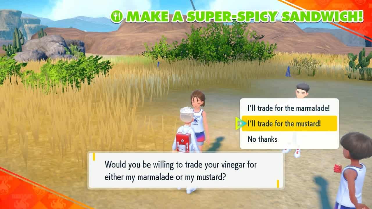 A pokemon trainer offers you marmalade or mustard for trade in Pokemon Indigo Disk.