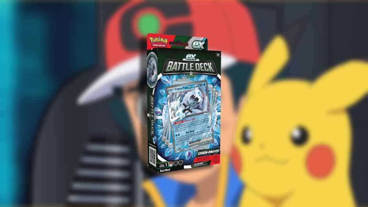 A Pokémon card is displayed in front of a box from the best Pokémon TCG Battle Decks to buy in 2024.
