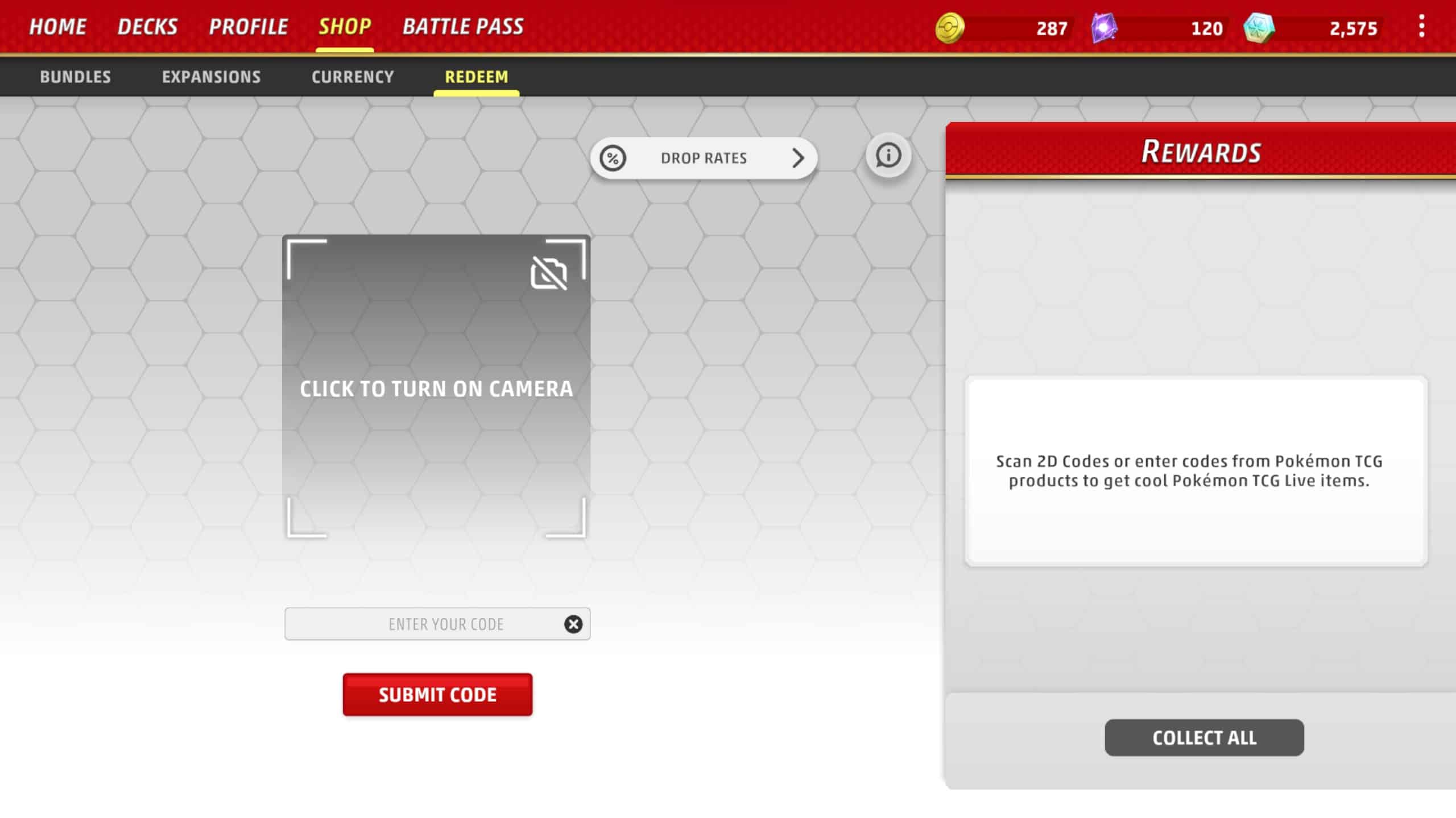A screenshot of the code redemption screen on Pokemon TCG Live
