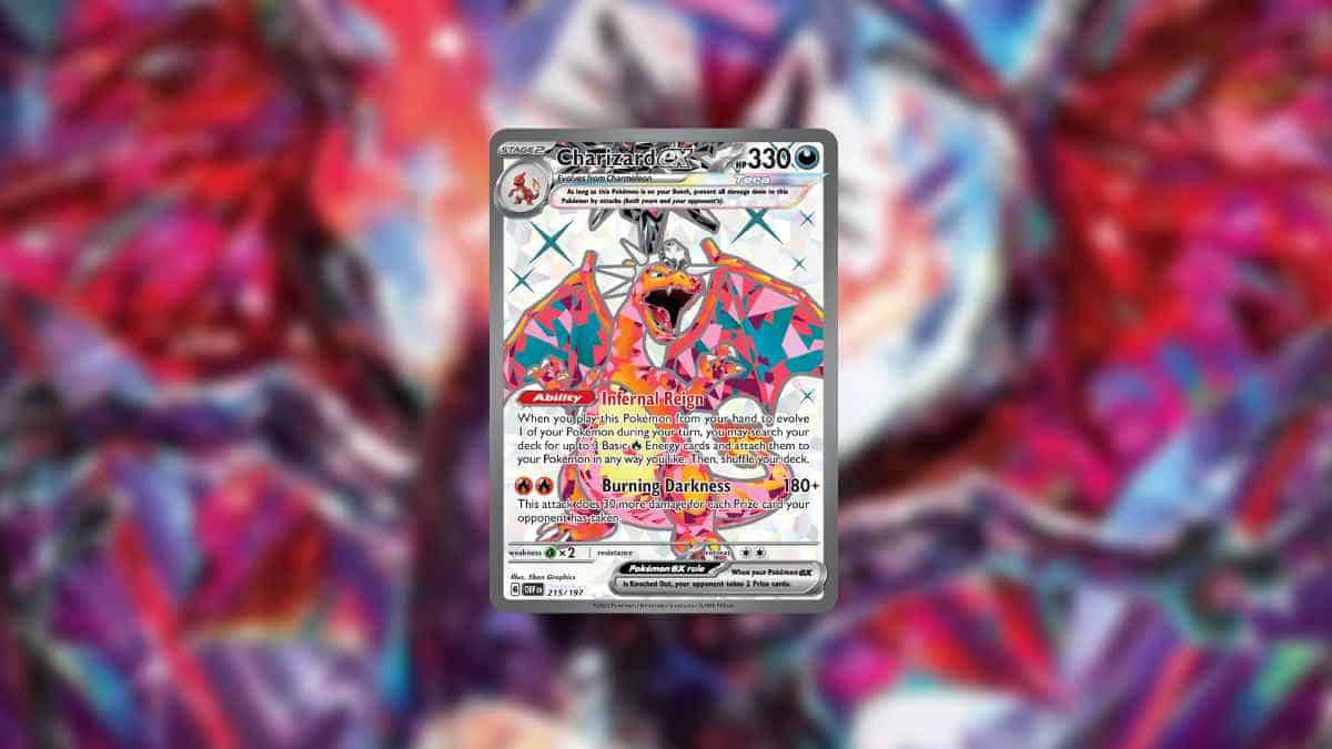Pokemon TCG Standard Rotation: A Charizard ex card against a colourful background.