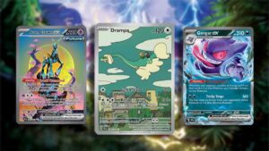 Three pokemon cards in front of a forest, available since the Temporal Forces release date.