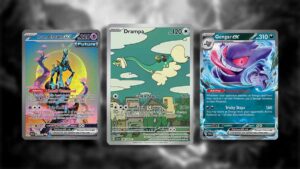 Three Pokemon cards in front of a black background featuring Temporal Forces.