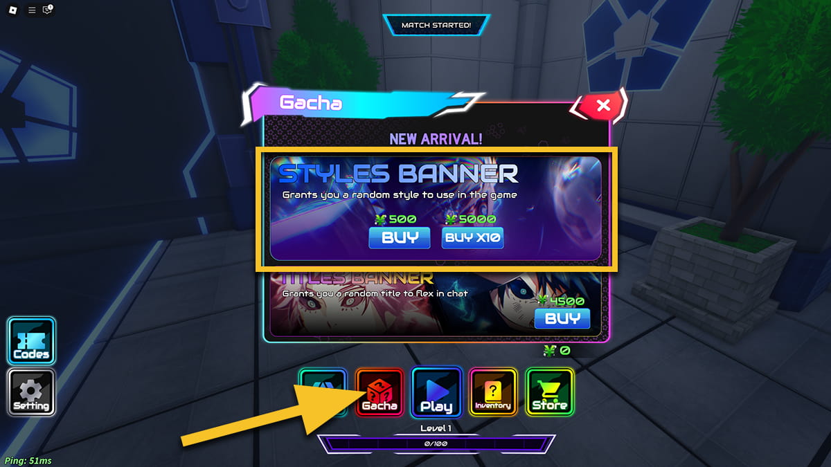 Image showing the Gacha screen in Project Egoist on Roblox, with an arrow pointing at the Gacha icon, and the Styles Banner section in a square-shaped focus.