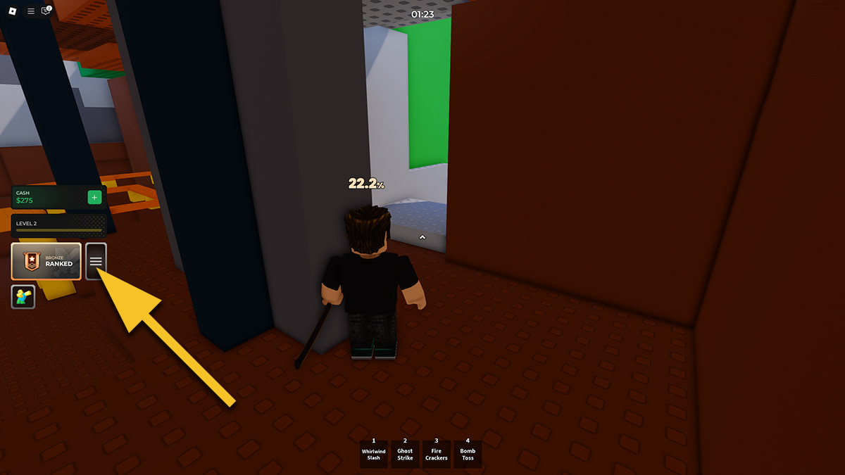Image of the player in an enclosed location within the arena of Project Smash on Roblox, with an arrow pointing at the Settings button.