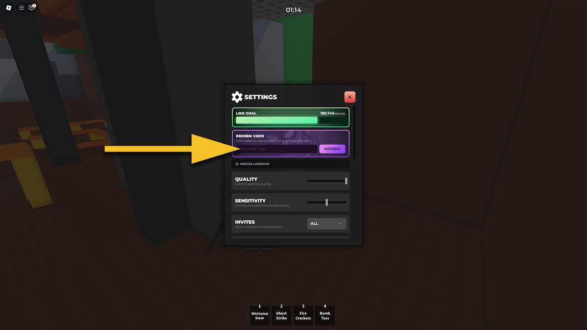 Image of the Settings window in Project Smash on Roblox, with an arrow pointing at the code input text box.