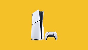 A white ps4 console on a yellow background.