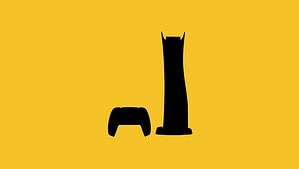 A tower silhouette on a yellow background.