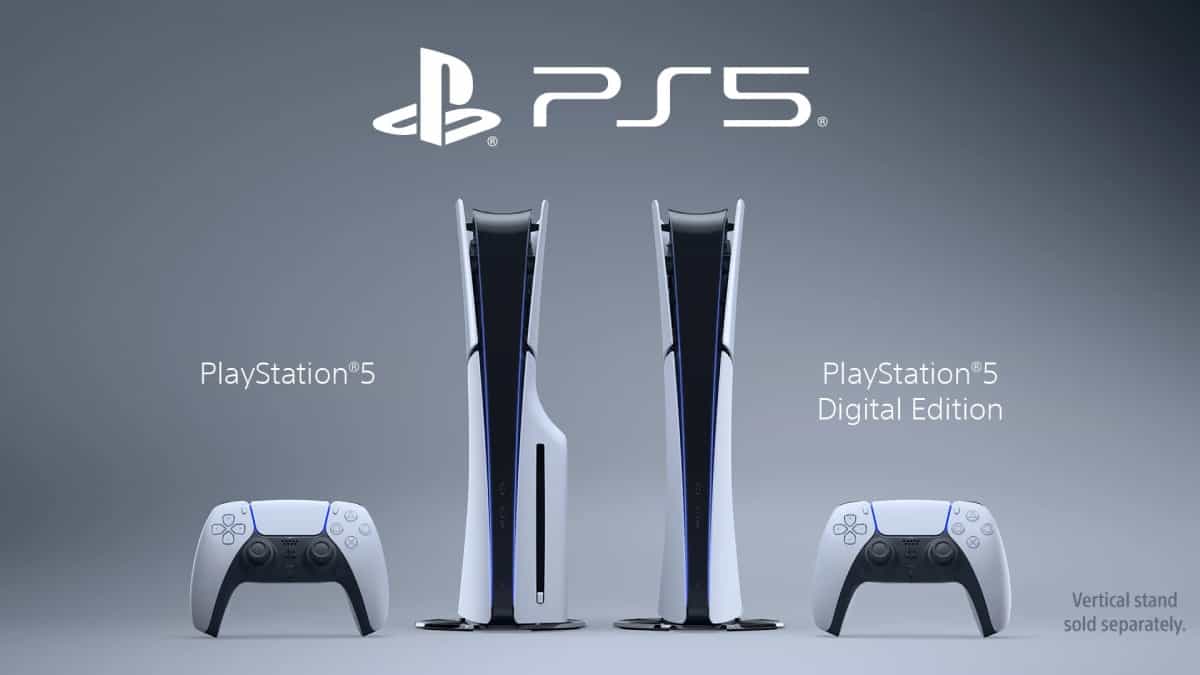 The ps5 digital edition, with slim size dimensions, is shown on a white background.