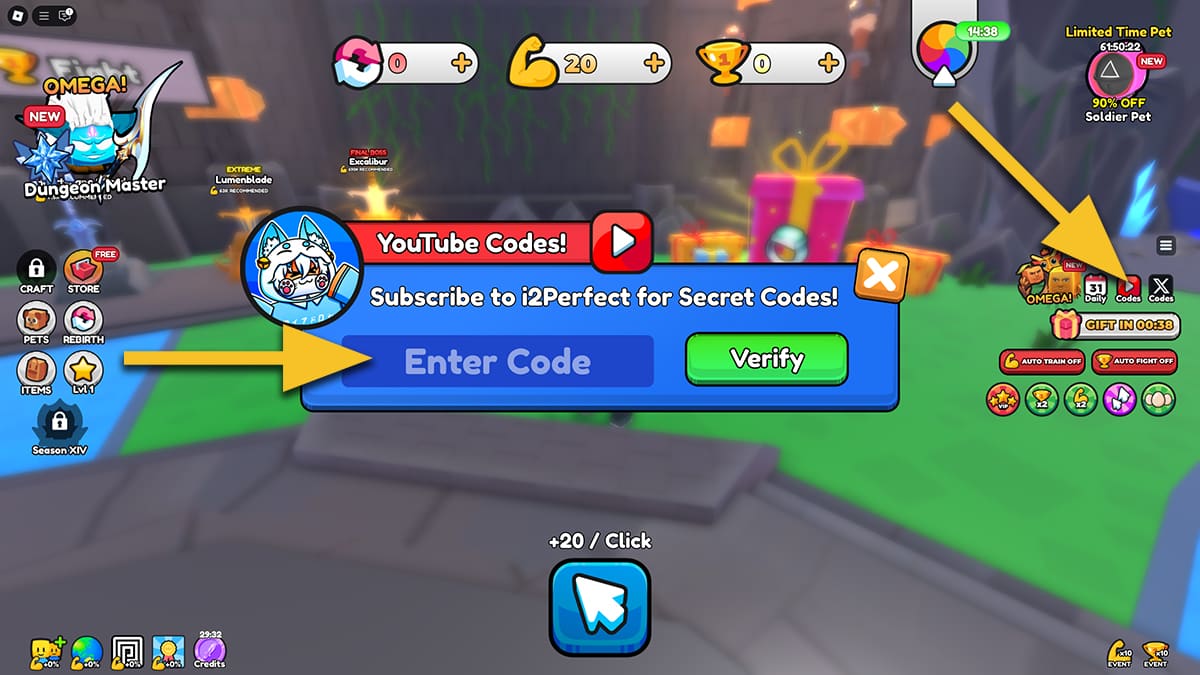 Image of the YouTube code redemption window in Pull a Sword on Roblox, with arrows Pointing at the YouTube codes button and the text input box.