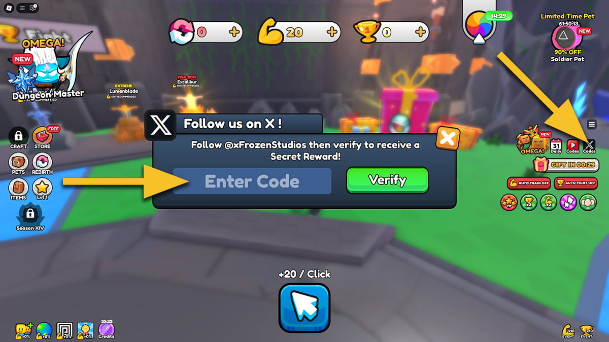 Image of the X code redemption window in Pull a Sword on Roblox, with arrows Pointing at the X codes button and the text input box.