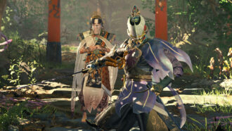 purple knight standing in front a godess in Kunitsu-Gami Path of the Goddess