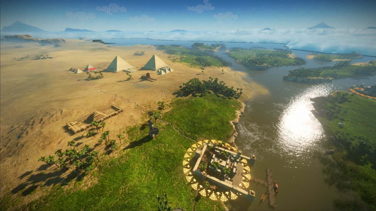 Total War Preview: aerial shot of the pyramids near the Nile.
