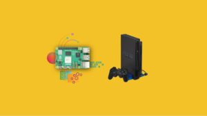 A yellow background showcases a Raspberry Pi connected to a game controller.