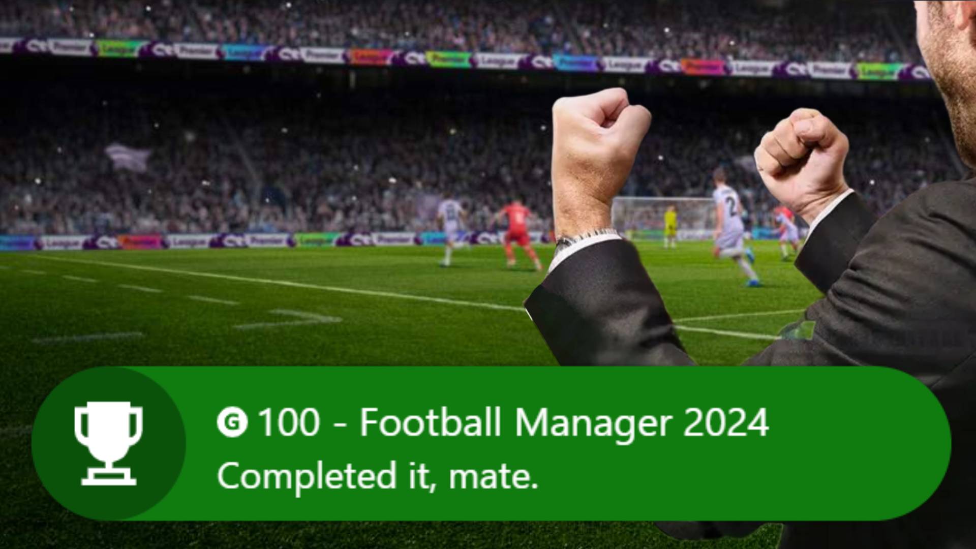 Football Manager cheerign next to an achievement popping