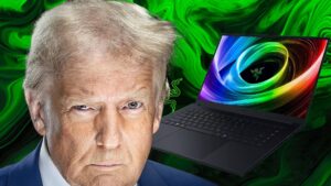 Donald Trump in front of a Razer Blade 16 laptop