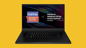 Keywords: laptop, yellow background

Description: A vibrant yellow background showcases the sleek Razer Blade Pro 17 Gaming Laptop.
