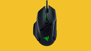 A razer gaming mouse on a yellow background.