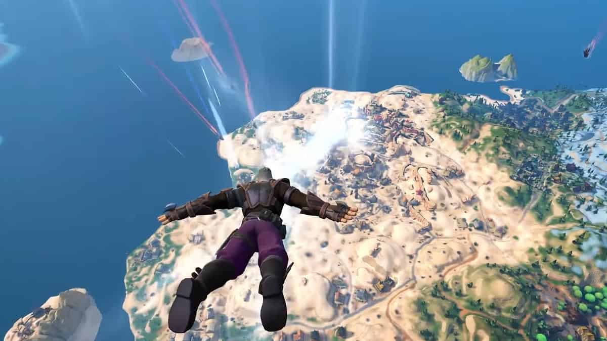 A man soaring above an island in a virtual game reminiscent of Fortnite.