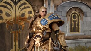 Realms of Ruin crossplay: A character in golden armor standing in front of a door.