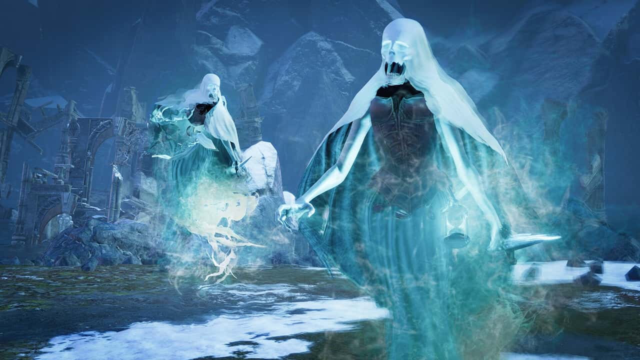 Realms of Ruin factions: A group of Nighthaunt Banshees haunting a snowy area in Realms of Ruin. Image captured by VideoGamer.