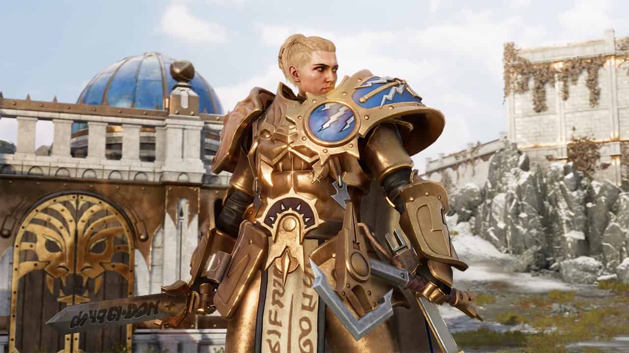 Realms of Ruin factions: A Stormcast Eternal woman in armor standing in front of a majestic castle. Image captured by VideoGamer.