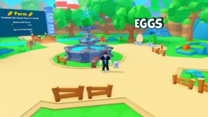 Image of the player and their pets standing in front of the fountain after redeeming codes in Rebirth Champions: Ultimate on Roblox.