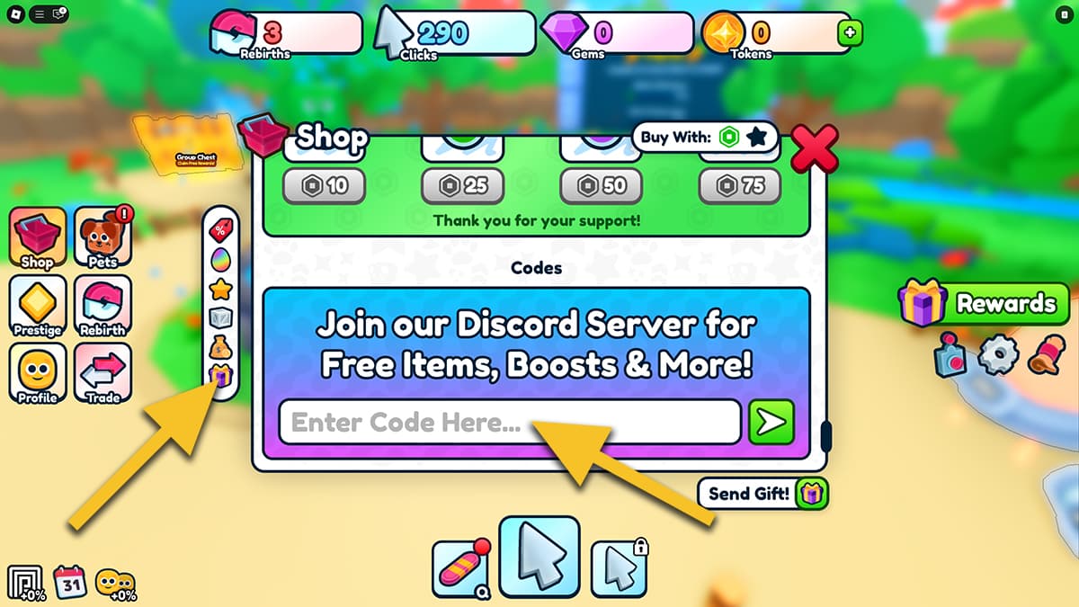 Image of the Shop window in Rebirth Champions: Ultimate on Roblox, with an arrow pointing at a gift icon and at the code redemption box.