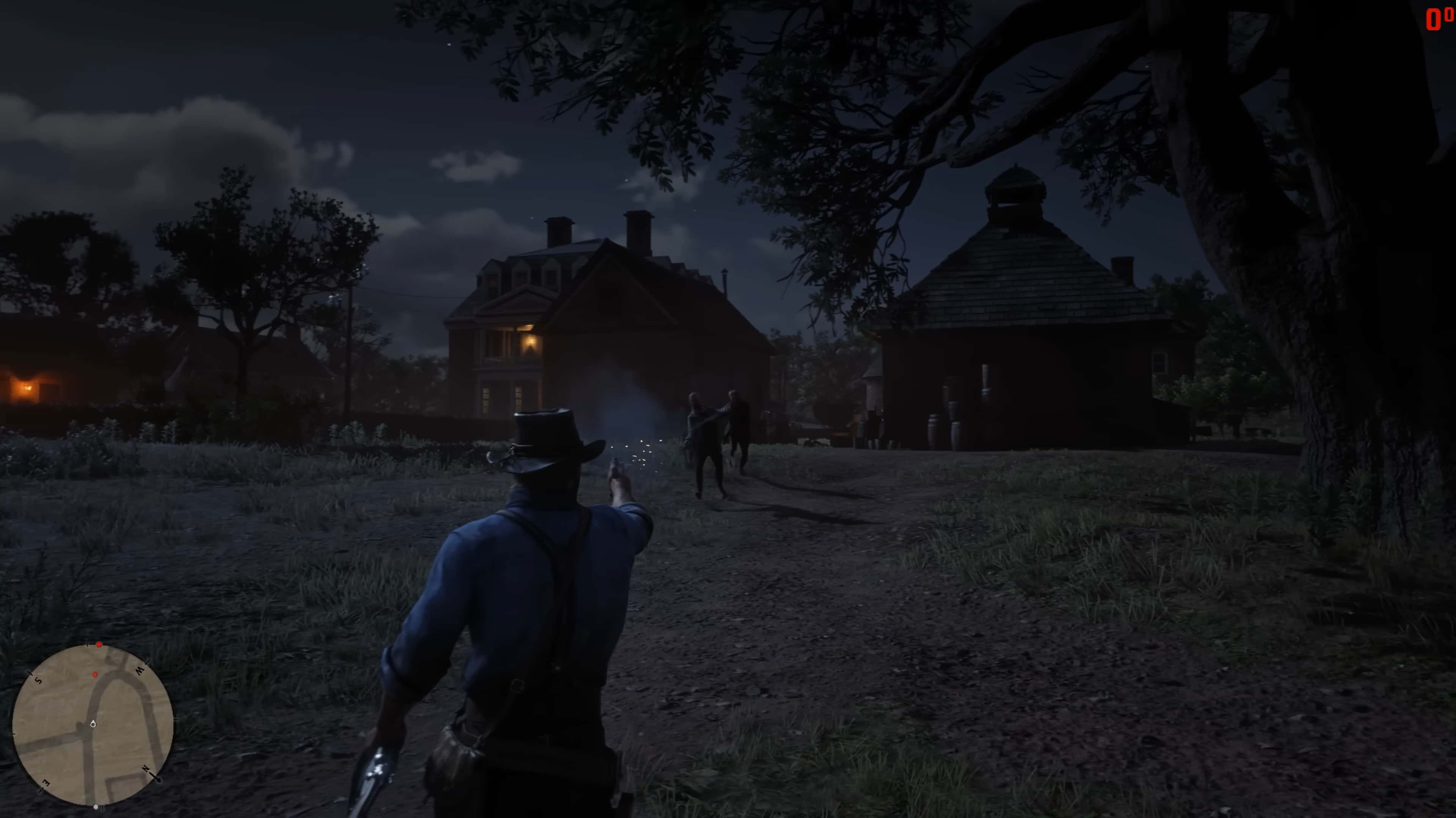 Red Dead Redemption 2 cheats: Arthur firing a revolver at two men running towards him from some houses.