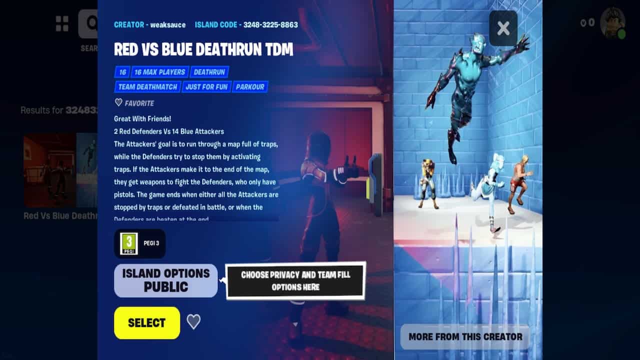 A screenshot of the Red vs Blue Deathrun TDM map in Fortnite. Image captured by VideoGamer.