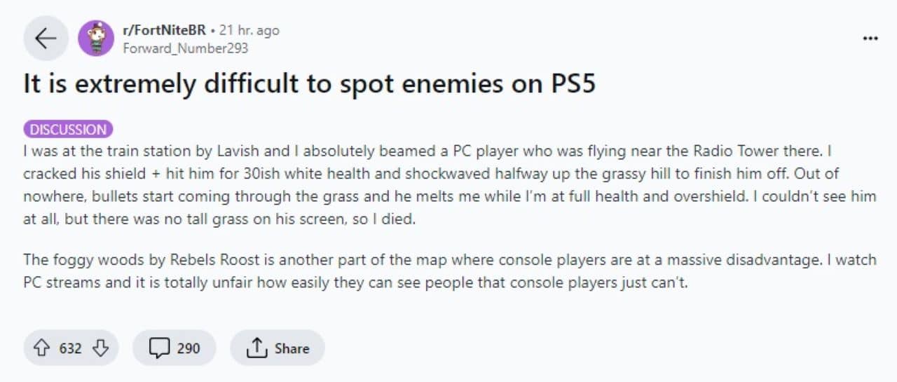 A screenshot of a reddit post where Fortnite players discuss the game-breaking issue of spotting enemies on a PS5 compared to a PC in a gaming scenario, with significant user engagement through upvotes and comments.