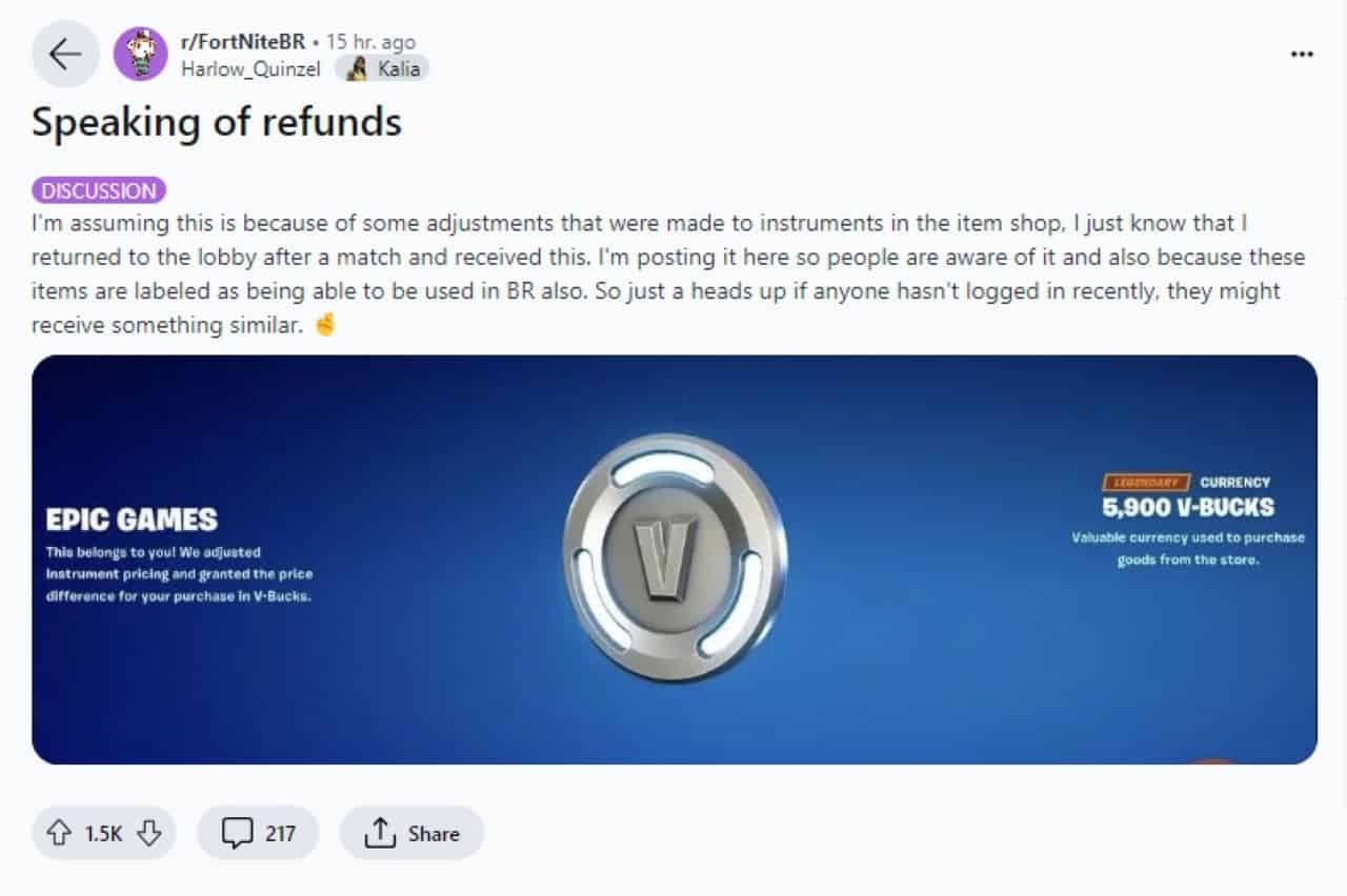 Screenshot of an online forum post discussing Epic Games is sending thousands of V-Bucks back to Fortnite players as refunds credited to a user's account.