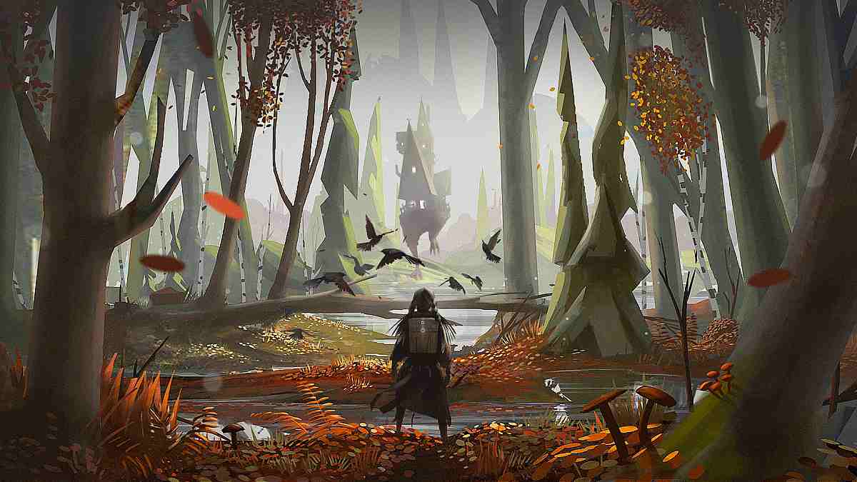Reka standing in the middle of a forest, facing a chicken-legged cottage in the distance.