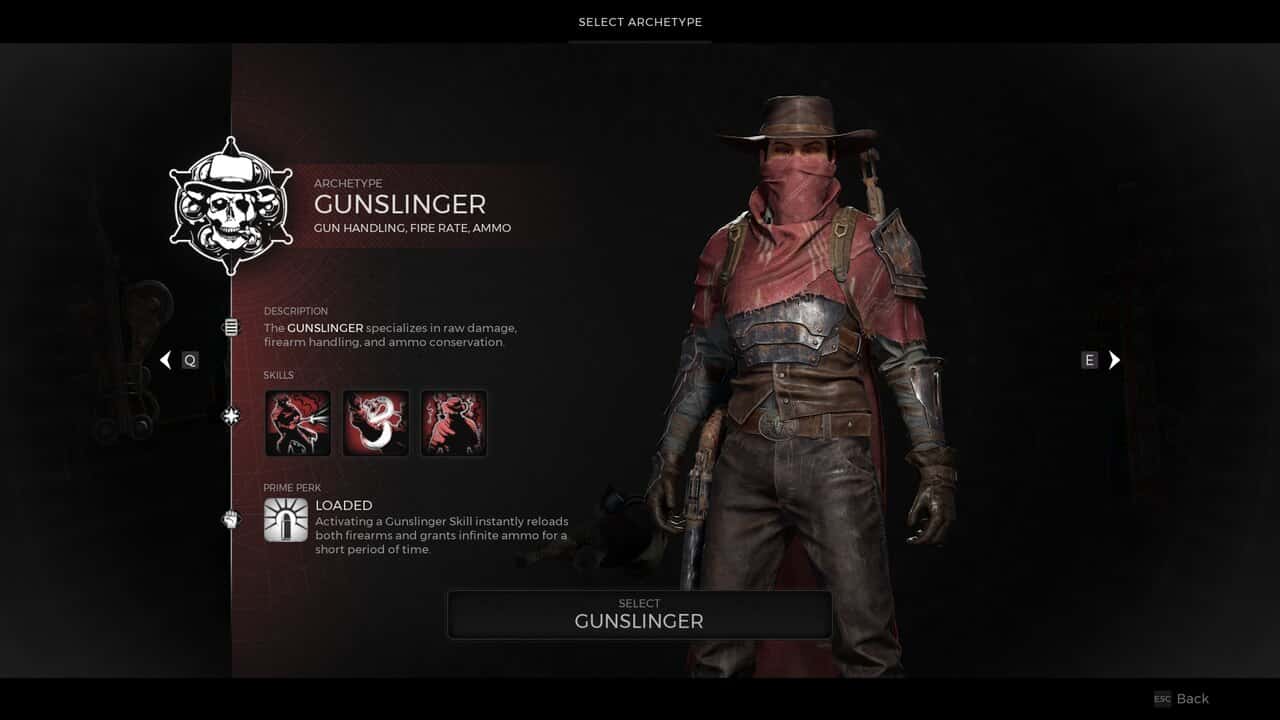 Remnant 2 Best Class: The Gunslinger on the archetype selection screen.
