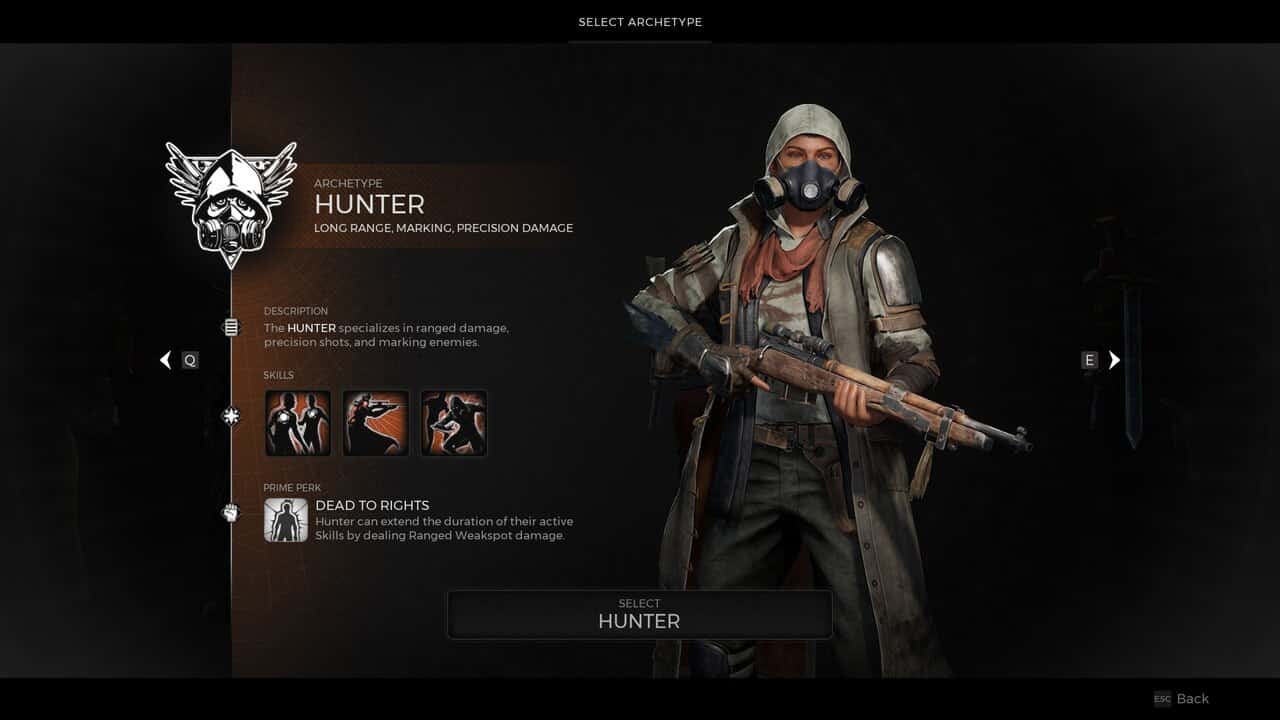 Remnant 2 Best Class: The Hunter on the archetype selection screen.