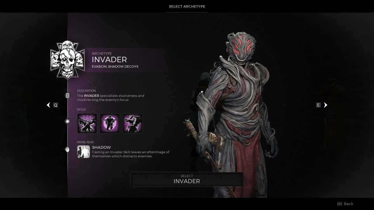 Remnant 2 Best Class: The Invader on the archetype selection screen.