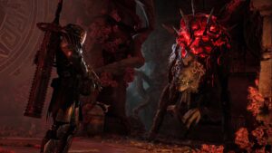 Remnant 2 on Xbox: An image of a player facing a glowing red monster in the game.