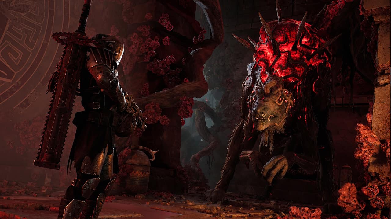 Remnant 2 on Xbox: An image of a player facing a glowing red monster in the game.