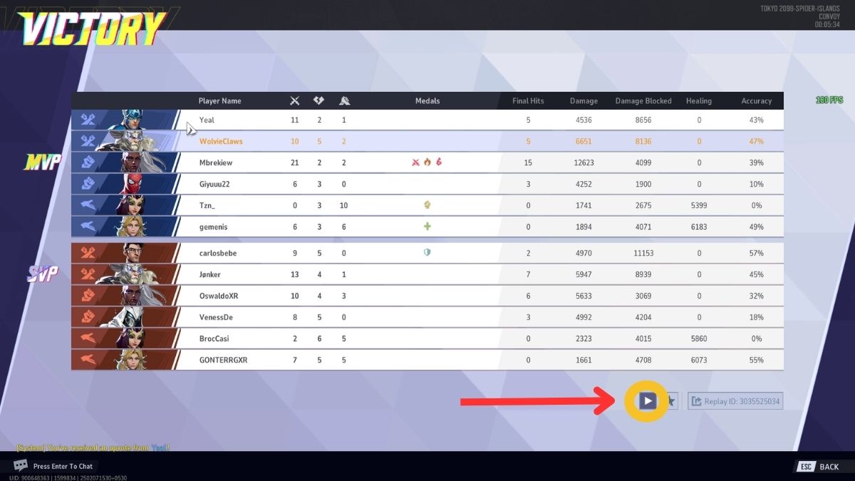 Marvel Rivals Historical scoreboard and replay button