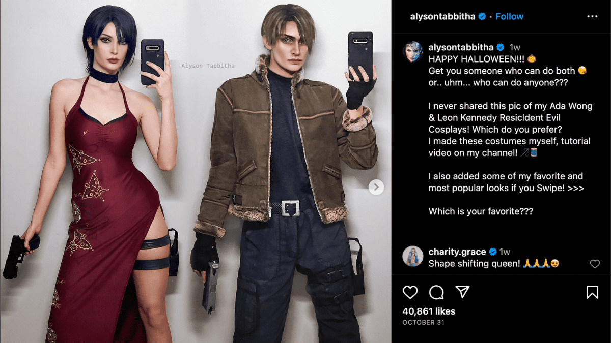 Two stunning Resident Evil 4 cosplayers dressed as Ada Wong and Leon are taking pictures on Instagram.