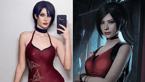 Two women, one cosplaying as a character from Resident Evil 4, wearing red and black dresses respectively.