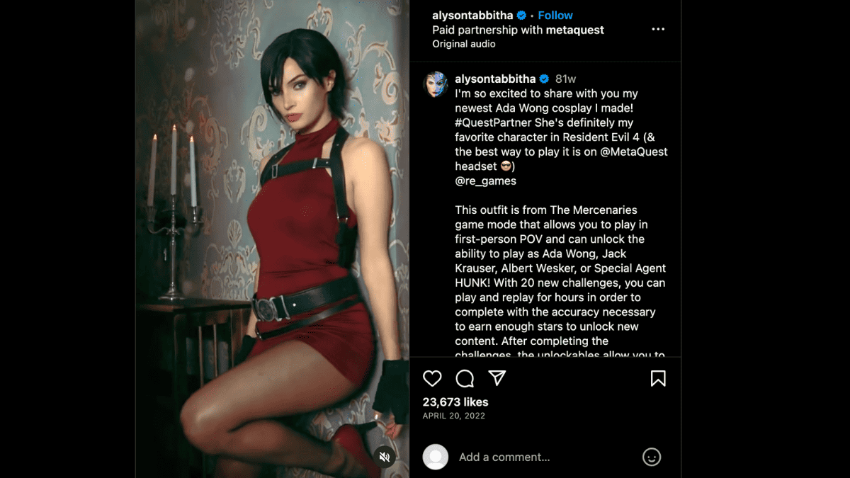 A woman in a red dress wows as Ada Wong on an Instagram.