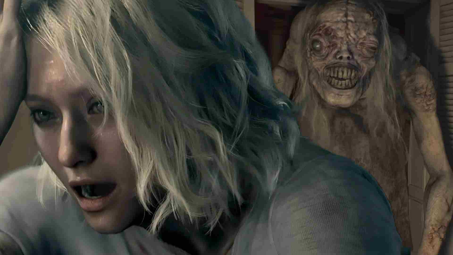 Resident Evil 9: Requiem Grace Ashcroft standing in front of the new stalker enemy Big Mama