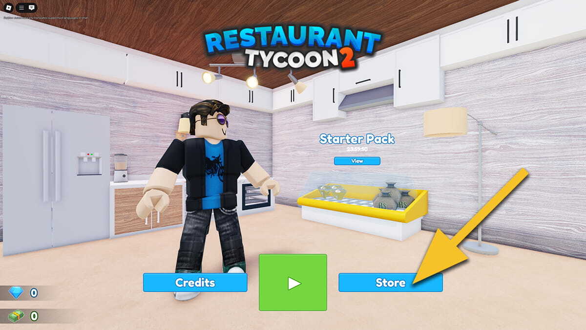 The main menu in Restaurant Tycoon 2. A yellow arrow points at the Store button.