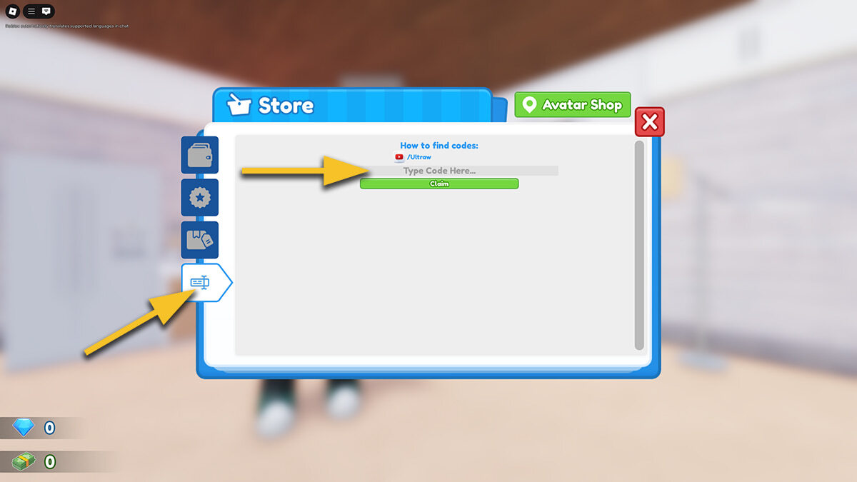 The Store menu in Restaurant Tycoon 2. A yellow arrow points at the Codes tab. Another yellow arrow points at the text box where the player should enter codes.