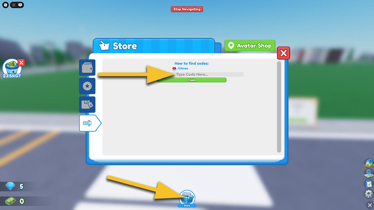 The Store menu in restaurant Tycoon 2. A yellow arrow points at the Store icon at the bottom of the screen. Another yellow arrow points at the text box where the player inputs codes.